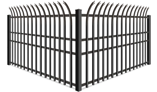 High security aluminum fence with trident tipped curved pickets