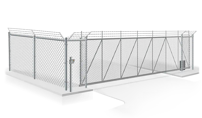 Automated chain link cantilver gate and fence with barbed wire
