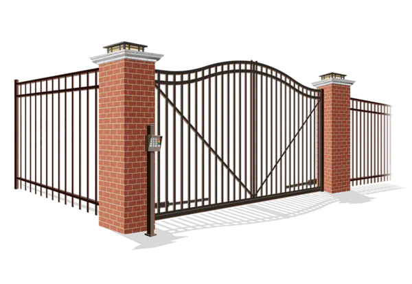 Automated estate gate with brick columns and decorative steel