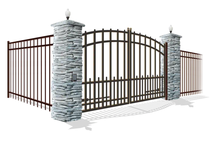 Automated estate gate with stone columns and decorative steel