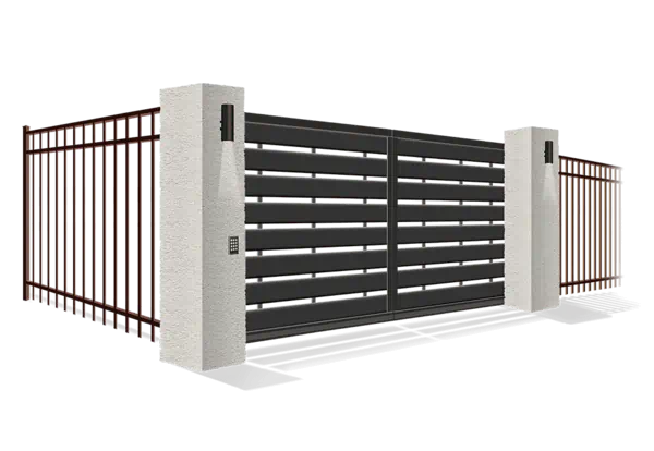 Automated estate gate with stucco columns and horizontal steel
