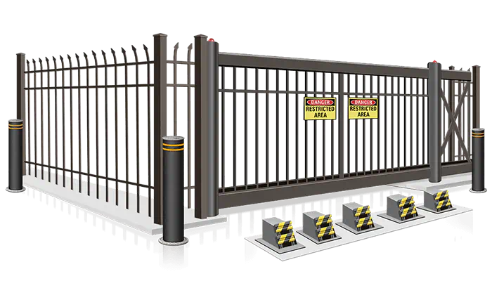 High security automated steel gate with anti-crash protection and bollards