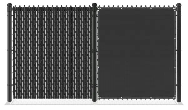 Left to right - Chain fence with privacy slats then chain link fence with wind screen