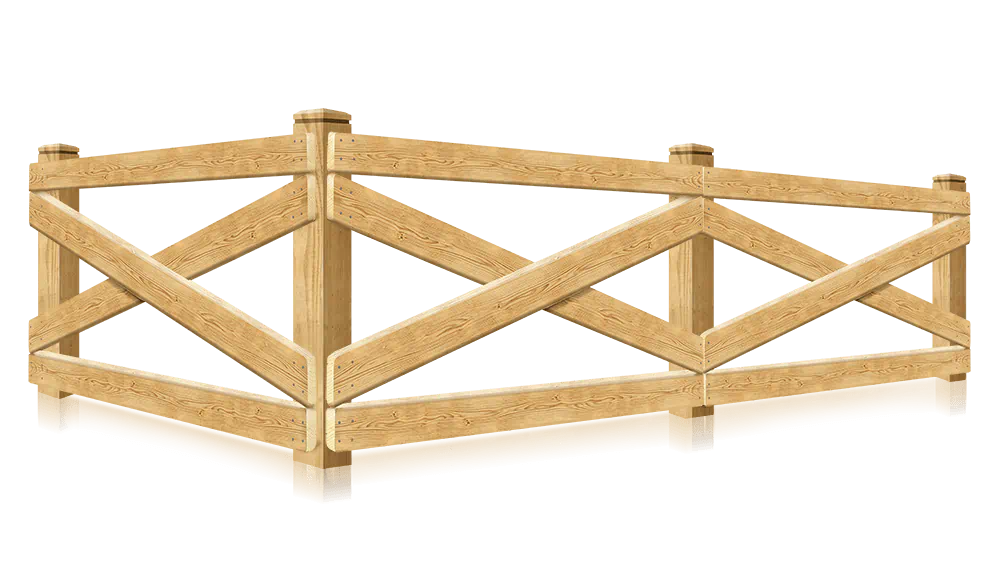 Crossbuck decorative farm fence with wood posts and rails