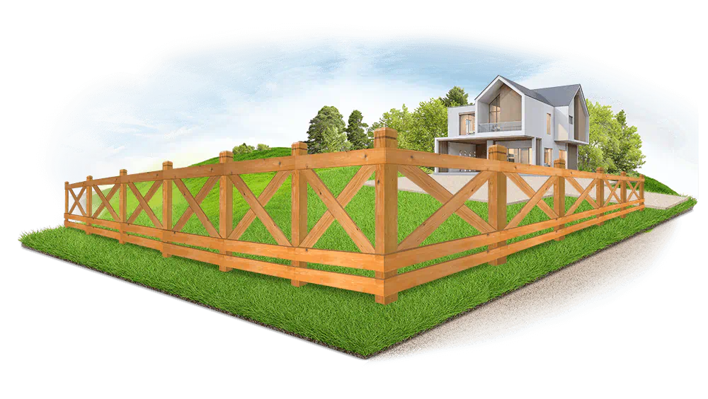 Decorative crossbuck farm fence surrounding a house