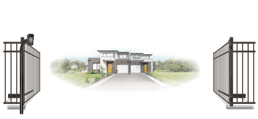 Metal swinging estate gate in open position