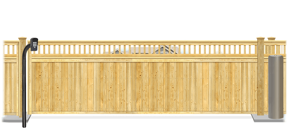 Wood sliding estate gate in closed position