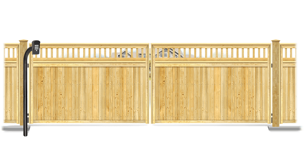 Wood swinging estate gate in closed position