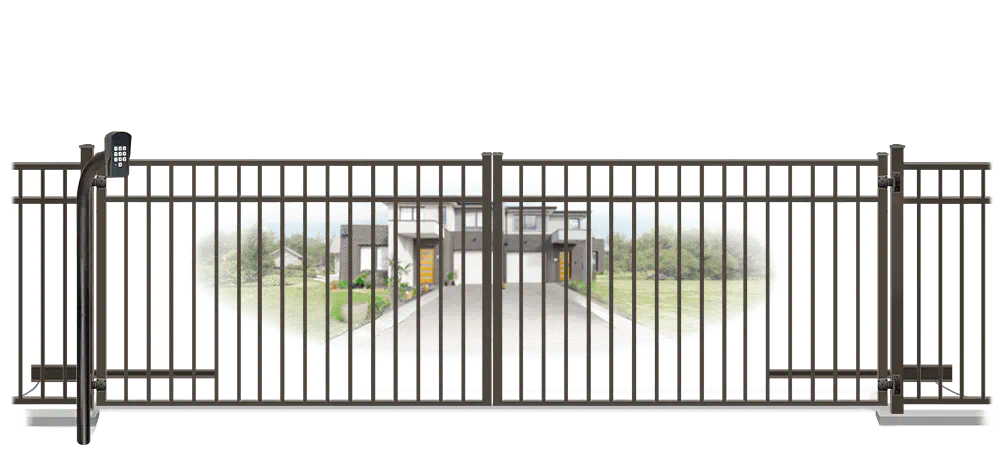Metal swinging estate gate in closed position