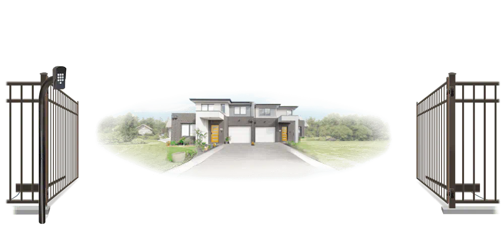 Metal swinging estate gate in open position