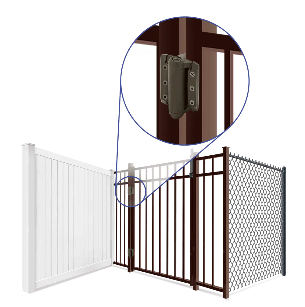 Detailed view of pool fence safety hinges