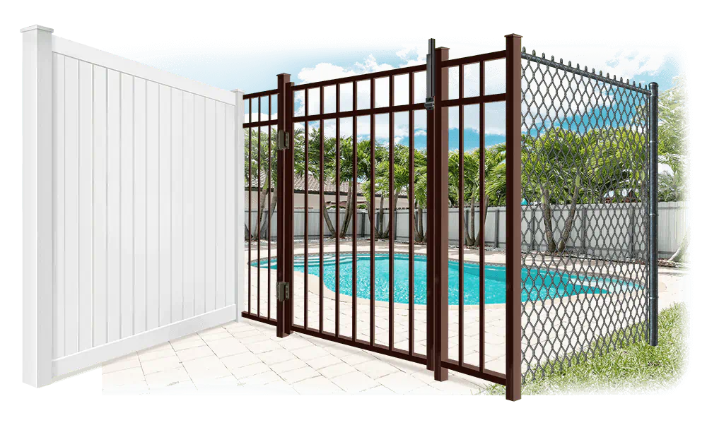 Pool fences - From left to right vinyl, aluminum & chain link