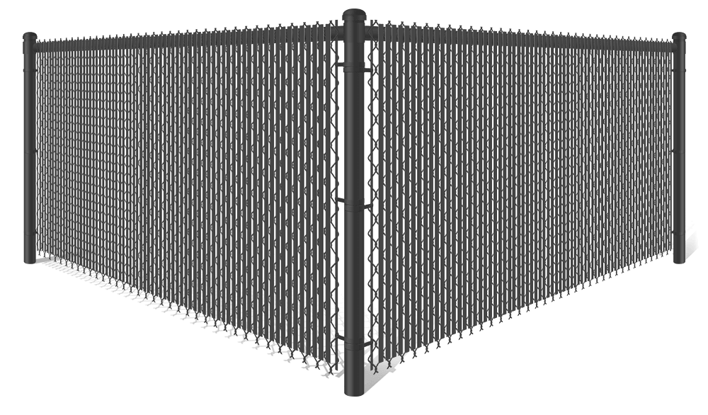 Black commercial chain link fence with black privacy slats in xxxREGION