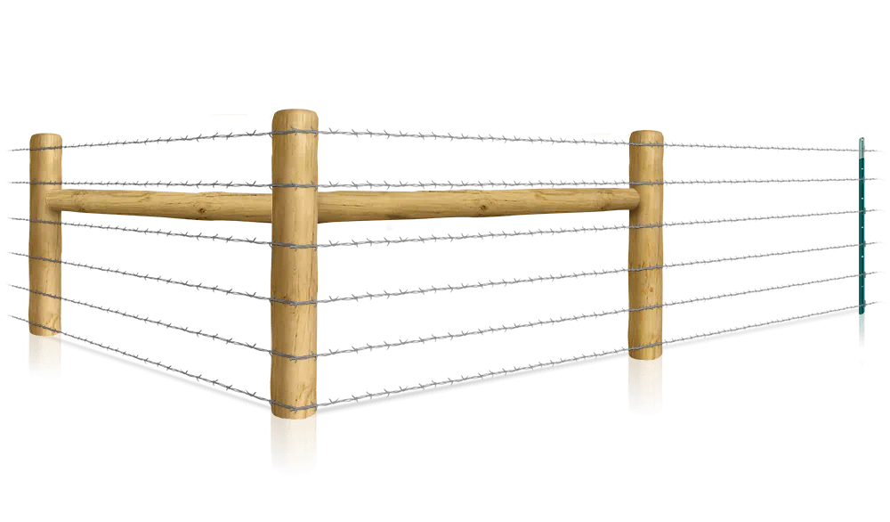 T-post fence with H-brace corner posts and 6 strands of barbed wire