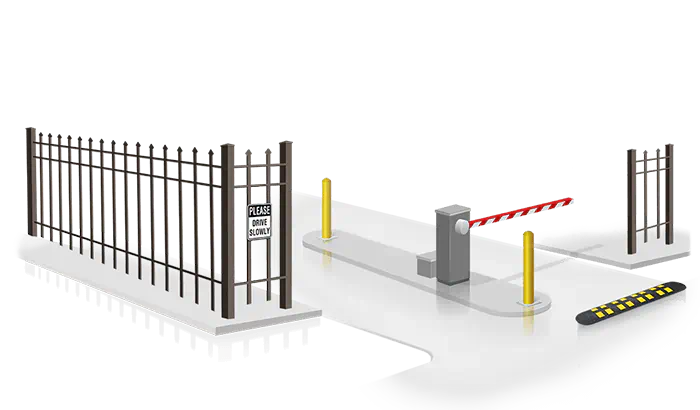 Steel gate and entry point with traffic arm