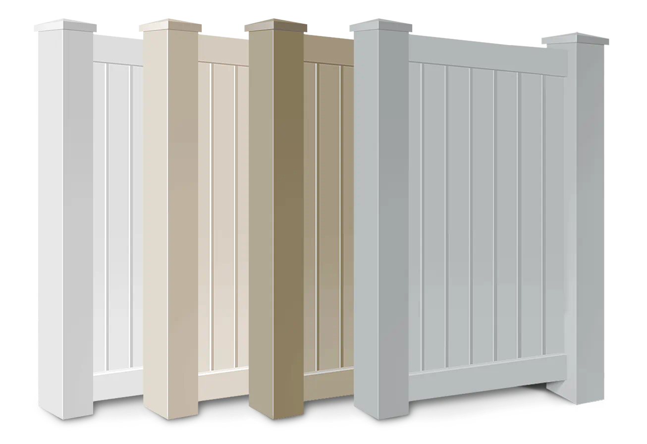 Vinyl fence color choices from left to right - White, Tan, Adobe, Gray