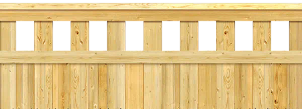 Close-up of a wood fence with pickets that alternate between tall and short heights creating a staggered pattern along the top