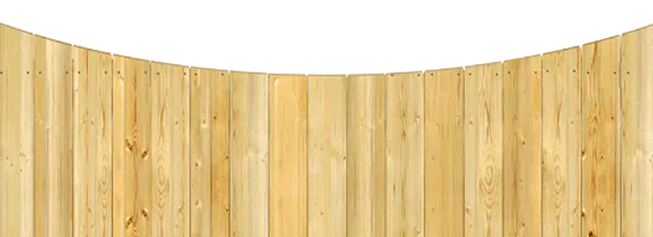 Close-up of a wood fence with a concave top where the pickets dip down in a smooth curve toward the center of each section