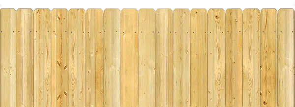 Close-up of a wood fence with dog ear pickets where each board has the top corners clipped at 45-degree angles