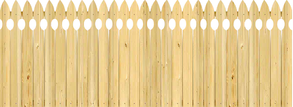 Close-up of a wood fence with French gothic pickets featuring pointed tips with decorative grooves carved into each side of the point