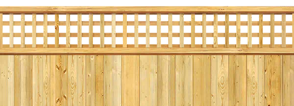Close-up of a wood fence with an open grid of horizontal and vertical wood strips forming a square lattice pattern across the top