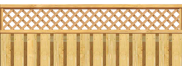 Close-up of a wood fence with diagonal crisscrossing wood strips forming a diamond-shaped lattice pattern above the solid board section
