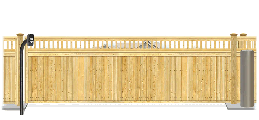 Wood sliding estate gate in closed position