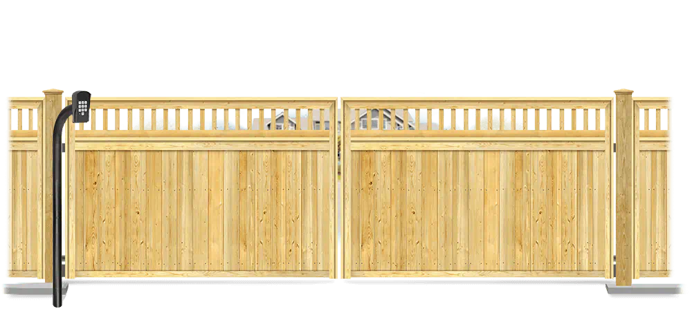 Wood swinging estate gate in closed position