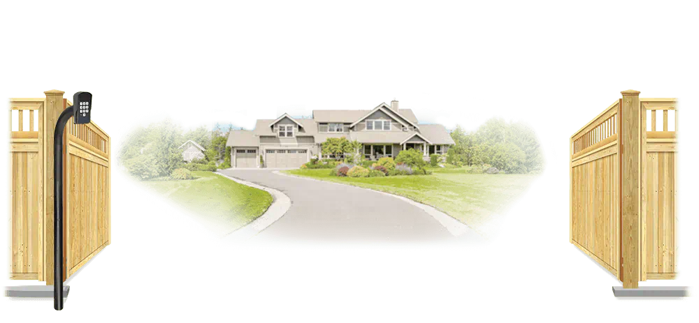 Wood swinging estate gate in open position