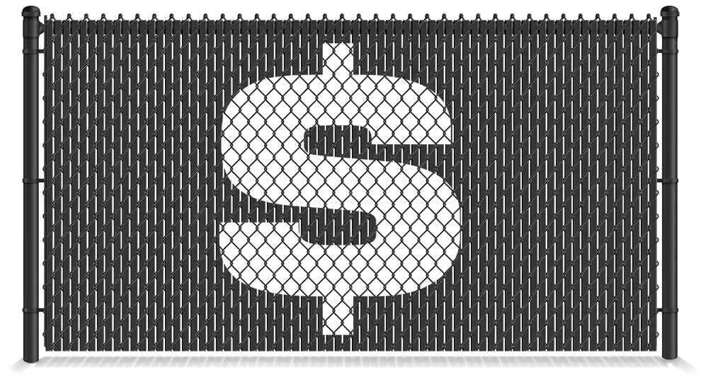 Chain link fence with privacy slats and a large dollar sign decal